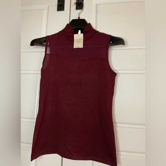 Carmen Marc Valvo Burgundy mock jeweled turtleneck sheer sleeveless top small - Picture 1 of 5